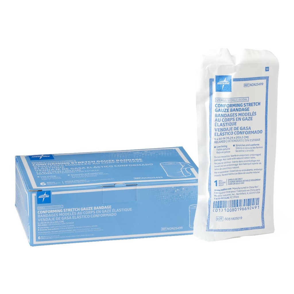 Medline Sterile Conforming Stretch Gauze Bandages - 6" x 80",  6/Box