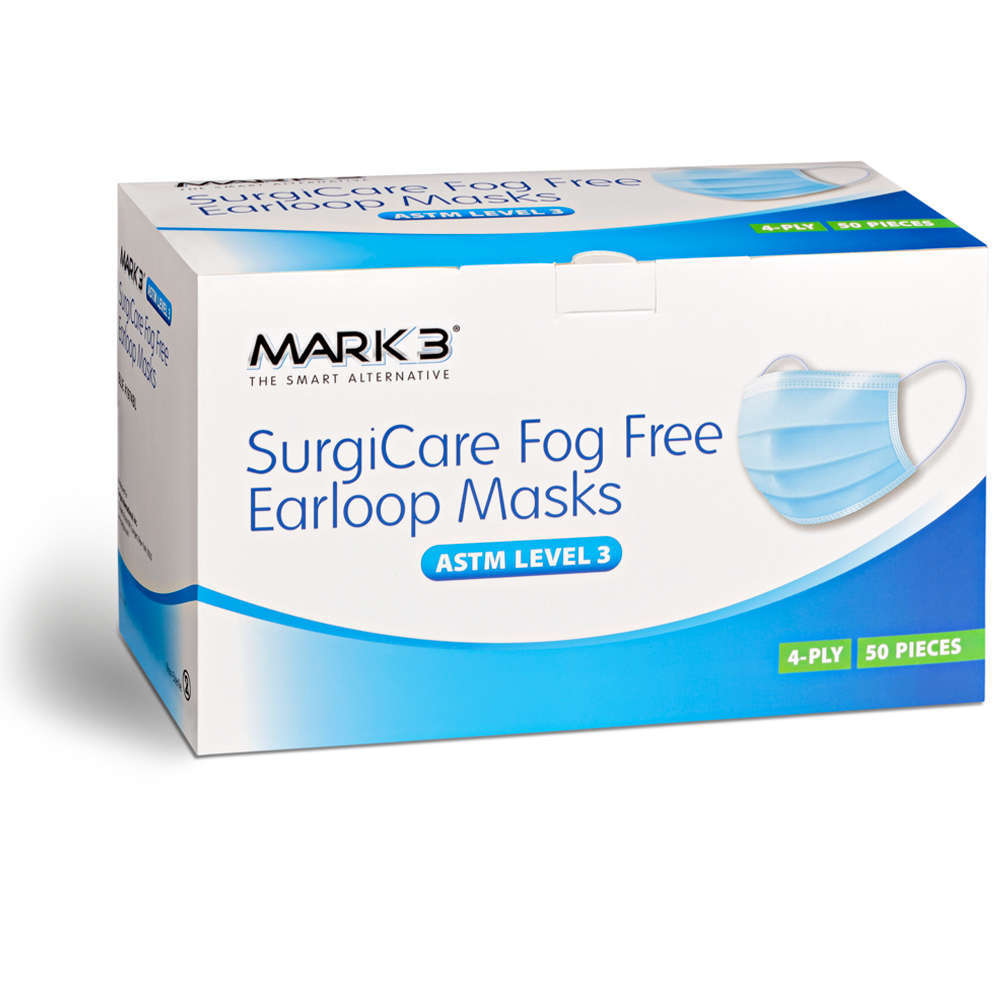 SurgiCare Earloop Face Masks ASTM Level 3, 50/box, Blue, single band