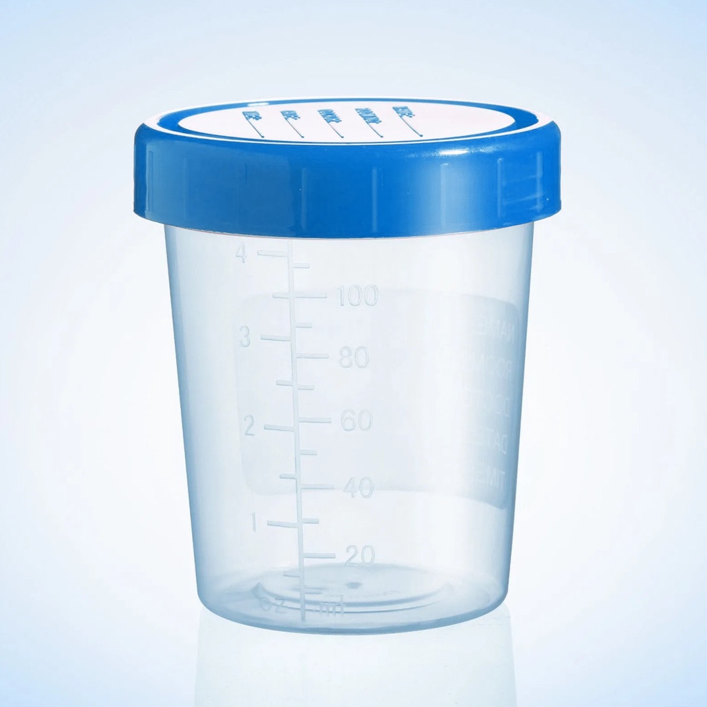 Specimen Container blue cap individually packed, sterile, 100-120ml, case of 100