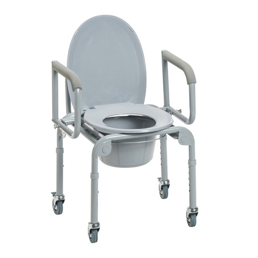 [11101W-2] Steel Drop-Arm Commode with Wheels and Padded Armrests