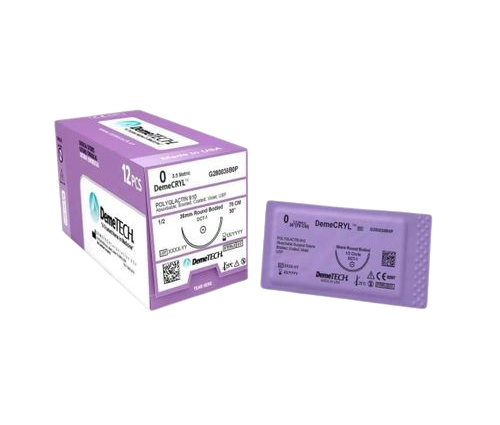 [G88800,65G7P] DemeCRYL Rapid Absorbable Suture USP 8/0 30cm Thread length (6.5MM/  3/8 CIRCLE DOUBLE / Micropoint Curved Spatula Needle) - BOX OF 12 PIECES